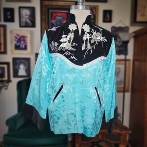 Asian Turquoise Satin Jacket Vintage Velvet Embroidered Pagoda Tassel Large Blue